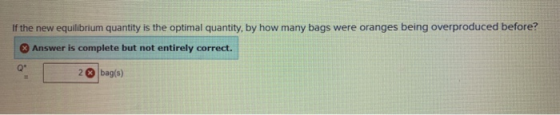 If the new equilibrium quantity is the optimal quantity, by how many bags were oranges being overproduced before? Answer is c