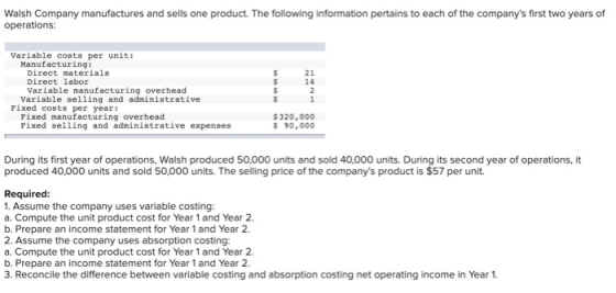 Walsh Company manufactures and sells one product. The following information pertains to each of the companys first two years