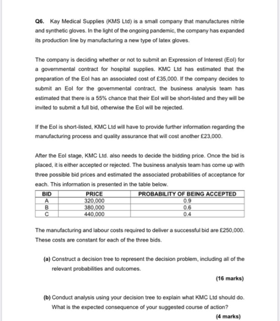 Q6. Kay Medical Supplies (KMS Ltd) is a small company that manufactures nitrile and synthetic gloves. In the light of the ong