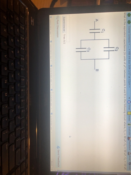 O Time ゴNotes Evaluate D Feedback Print between points A and B in the following circuit where Ci = 40 μ F, C2-50 μF, СЗ įnfo