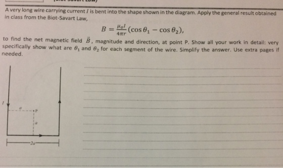 A very long wire carrying current I is bent into the shape shown in the diagram. Apply the general result obtained in class from the Biot-Savart Law, uol (cos 0 cos 62), 41Tr to find the net magnetic field B, magnitude and direction, at point P. Show all your work in detail: very specifically show what are 01 and 62 for each segment of the wire. Simplify the answer. Use extra pages if needed.