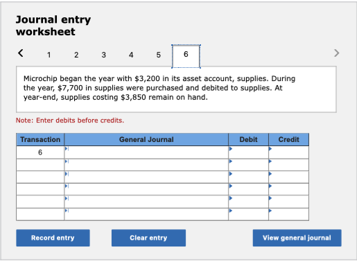 Journal entry worksheet 4 Microchip began the year with $3,200 in its asset account, supplies. During the year, $7,700 in supplies were purchased and debited to supplies. At year-end, supplies costing $3,850 remain on hand. Note: Enter debits before credits Transaction General Journal Debit Credit Record entry Clear entry View general journal