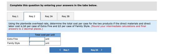 Complete this question by entering your answers in the tabs below. Req 1 Req 2 Req 3A Req 3B Using the plantwide overhead rat