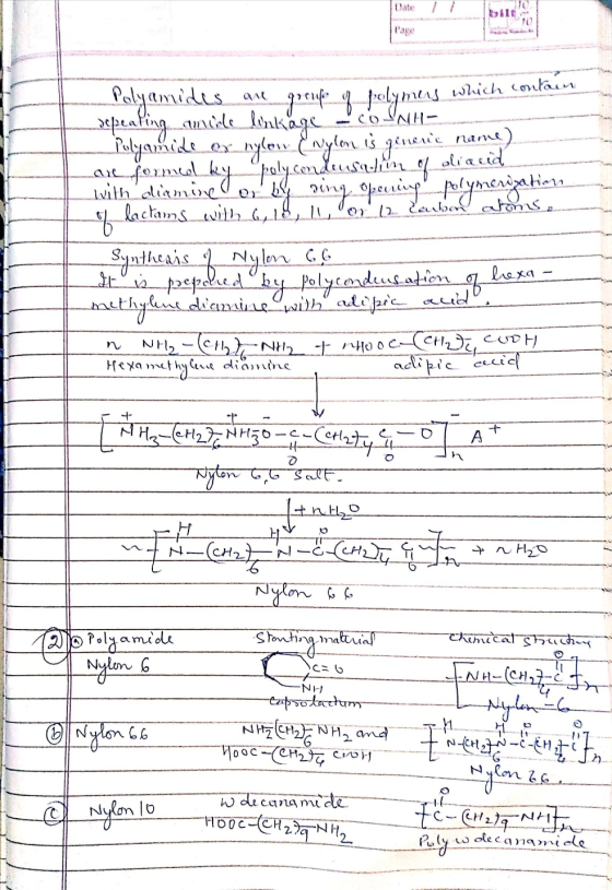 Date 11 Polyamides an group of polymus which contain repealing amoale linkage - coINH- Polyamide er nylon Nylon is ginene nam