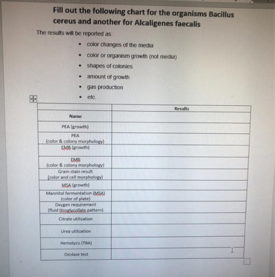. Fill out the following chart for the organisms Bacillus cereus and another for Alcaligenes faecalis The results will be rep