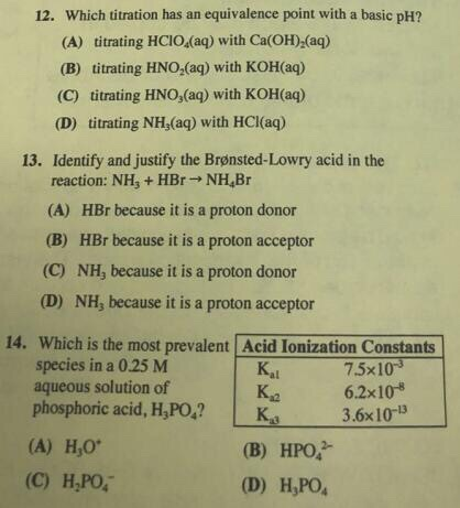 Which titration has an equivalence point with a basic pH? (A) titrating HCIO (aq) with Ca(OH)-(aq) (B) titrating HNO-(aq) wit