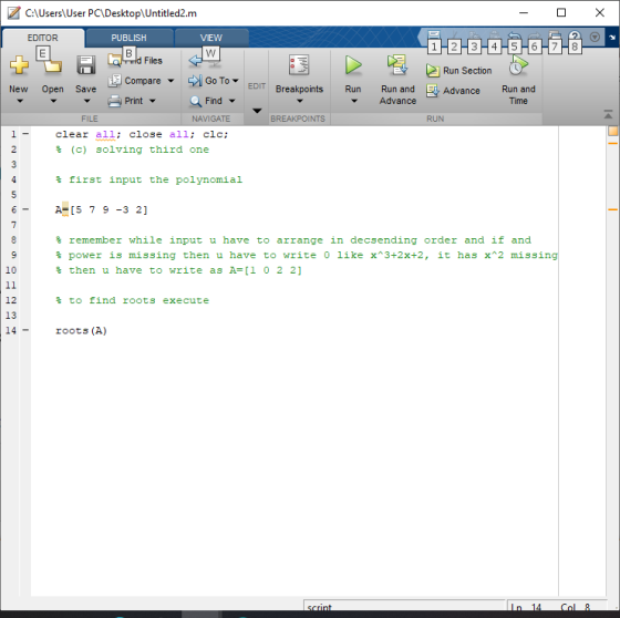 C:\Users\User PC\Desktop\Untitled2.m X IEI EDITOR PUBLISH VIEW 1-2-3-4-5-6-7-8- w B old Files Run Section Compare Go To New O