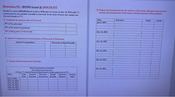 D. Prepare the Journal entry for the issuance of the bond, subsequent payments of interest and amortization of discounts, and