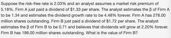 Suppose the risk-free rate is 2.03% and an analyst assumes a market risk premium of 5.18%. Firm A just paid a dividend of $1.