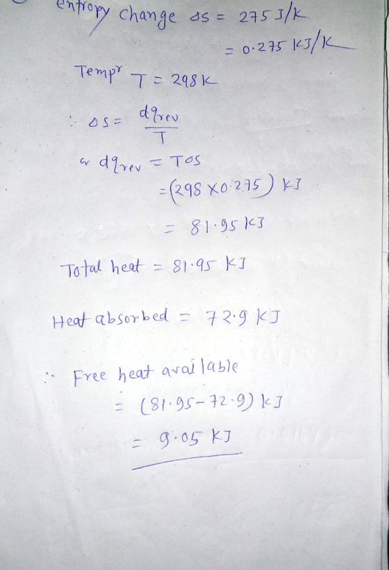 tery change s2sJ/ Cy ( 298 Xo 215 ) k1 Total heat-ニ81.95 kJ Free heat avai labie