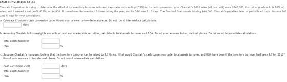 CASH CONVERSION CYCLE Chastain Corporation is trying to determine the effect of its inventory turnover ratio and days sales o