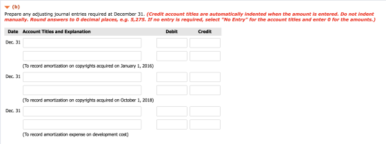 (b) Prepare any adjusting journal entries required at December 31. (Credit account titles are automatically indented when the