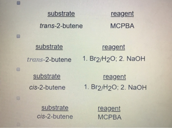 substrate trans-2-butene reagent МСРВА substrate trans-2-butene reagent 1. Br2/H20; 2. NaOH substrate cis-2-butene reagent 1.