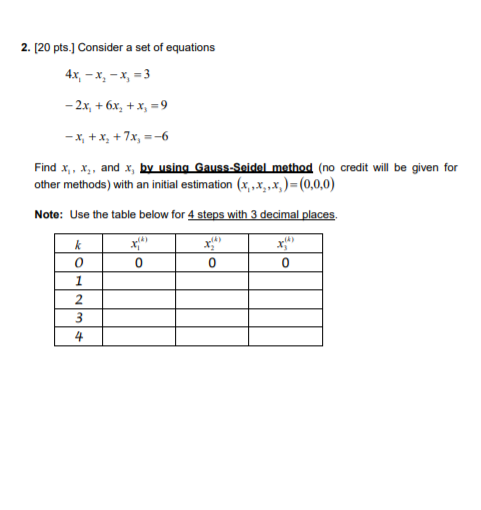 2. (20 pts. Consider a set of equations 4.x - x - x = 3 - 2x + 6x2 + x3 = 9 -X, + x + 7x, = -6 Find X, X., and x, by using Ga