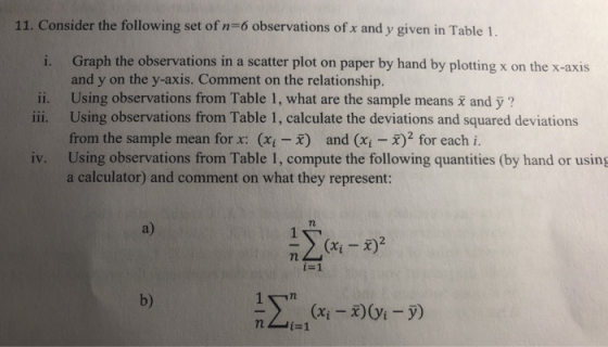 11. Consider the following set of n-6 observations of x and y given in Table 1 i. Graph the observations in a scatter plot on paper by hand by plotting x on the x-axis and y on the y-axis. Comment on the relationship. Using observations from Table 1, what are the sample means i and-? Using observations from Table 1, calculate the deviations and squared deviations from the sample mean for x: (x 11. iii. -x) and (x )for each i. iv. Using observations from Table 1, compute the following quantities (by hand or using a calculator) and comment on what they represent: a) 721-x)2 (xi-) i-1 (01-9) b)