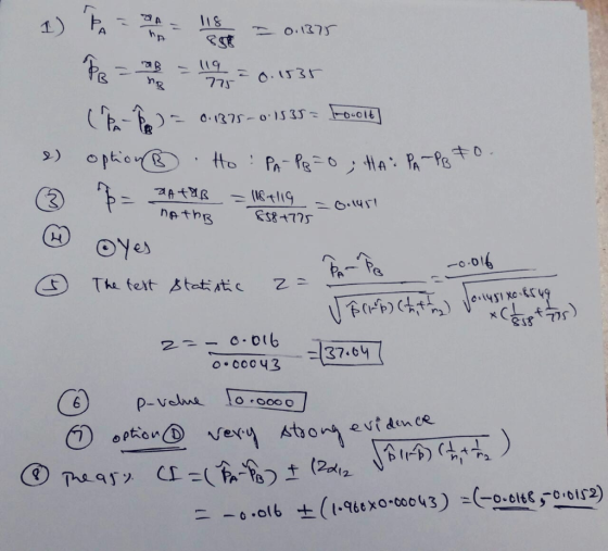 PB to B = 11 / 2 = 0.1535 (P-fo) = 0.1325-0.1535 = Focolt] option B . Ho : PA-PB=0; HA: PA-PB + b = DATAB = 1181119 = 0.1451