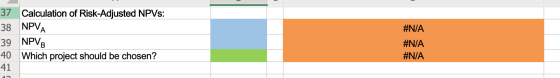 #N/A 37 Calculation of Risk-Adjusted NPVs: 38 NPVA 39 NPVB 40 Which project should be chosen? 41 #N/A #N/A
