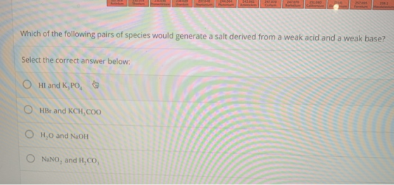 Which of the following pairs of species would generate a salt derived from a weak acid and a weak base? Select the correct an