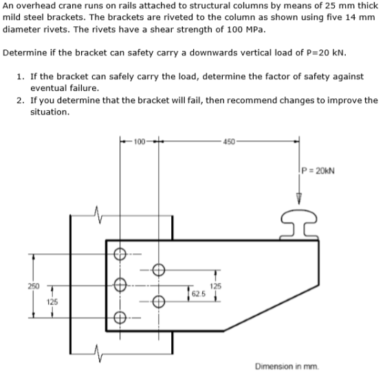 An overhead crane runs on rails attached to structural columns by means of 25 mm thick mild steel brackets. The brackets are