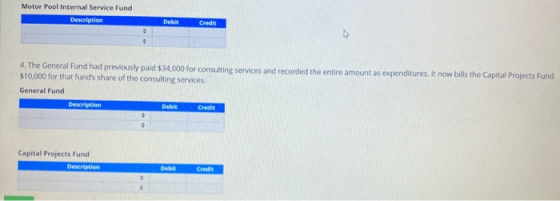 Motor Pool Internal Service Fund Description Debit Credit + 4. The General Fund had previously paid $34,000 for consulting se