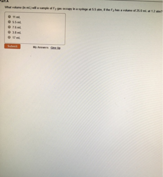 The volume (in mL) will a sampleof F_2 gas occupy