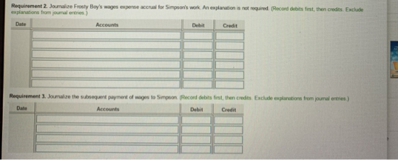 Requirement 2. Journalize Frosty Boys wages expense accrual for Simpsons work. An explanation is not required. (Record debi