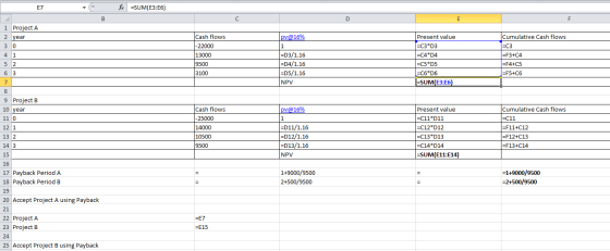 E7 fo =SUM(E3:56) pv@16% 1 Project A 2 year 30 4 1 Cash flows -22000 13000 9500 3100 =D3/1.16 =D4/1.16 =D5/1.16 NPV Present v