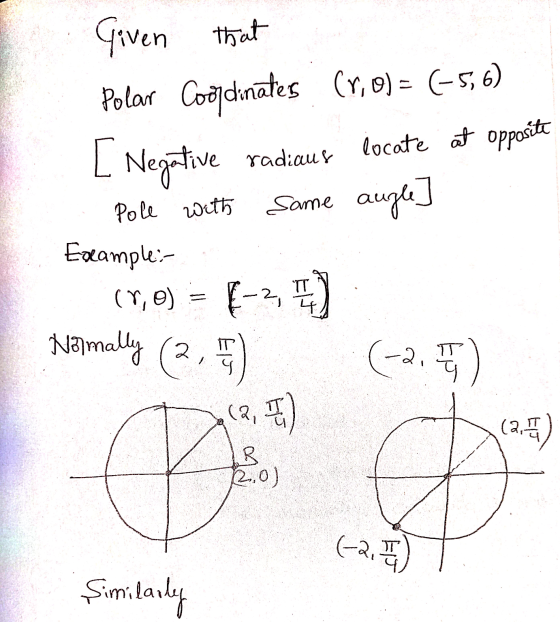 Given that Polar Coojdinates (7,0) = (-5,6) [ Negative radianes locate at opposite Same augle Pole with Example:- (r, e) = 6-