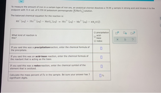 To measure the amount of iron in a certain type of iron ore, an analytical chemist dissolves a 38.00 g sample in strong acid