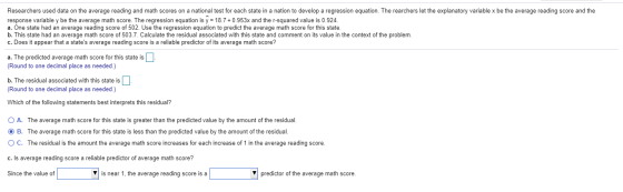 Researchers used data on the average reading and math scores on a national test for each state in a nation to develop a regre