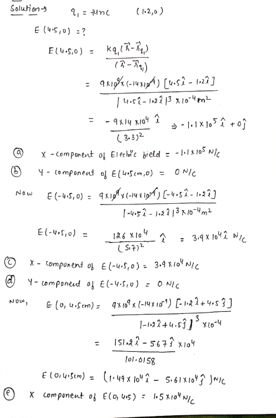 Solution (卜2,0 ) (3.3)2 @ ent 이 El echac 허eld --HKPNk x - Com pon 1-4.5へー1.23 13x10-ymt E(-4.5,0) は6x10 ㄐ = X- Component o E(-U.S,o)- 3.9 Io NIC lol-0158 x component oŠE(o,Us) I. 5X104 N/C :