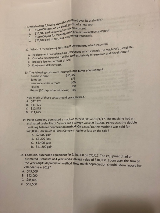 amortized over its useful life? would be 11. Which of the following A, $100,000 spent the B. $25,000 paid to successfully C. $150,000 paid for the exploratianof a natural resource deposit. D. $75,000 paid to purchase a regstered trademark spent on the development of a 12. Which of the following costs should be expensed when incurred? A. Replacement cost of machine component which extends the machines useful life B. Cost of a machine which will be used exclusively for research and development. C. Brokers fee for purchase of land D. Equipment delivery cost. 13. The following costs were incurred by the buyer of equipment: $10,000 875 300 500 Repair (30 days after initial use) 600 Purchase price Sales tax Insurance while in route Testing How much of those costs should be capitalized? A. $12,275 B. $11,175 C $10,875 D. $11,675 14. Poras Company purchased a machine for $80,000 on 10/1/17. The machine had an estimated useful life of 5 years and a salvage value of $5,000. Poras uses the double declining balance depreciation method. On 12/31/18, the machine was sold for $40,000. How much is Poras Companys gain or loss on the sale? A. $7,000 gain B. $3,200 loss C. $6,400 gain D. $11,200 gain 15. Edom Inc. purchased equipment for $150,000 on 7/1/17. The equipment had an estimated useful life of 4 years and a salvage value of $10,000. Edom uses the sum of method. How much depreciation should Edom record for the years digits depreciation calendar year 2018? A. $49,000 B. $42,000 C. $45,000 D. $52,500