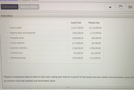 Instructions Balance Sheet Instructions Current Year $1,637,500.00 2 Current assets 3 Property, plant, and equipment Intangib