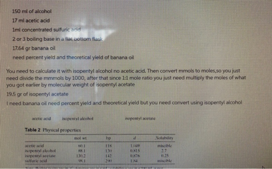 150 ml of alcohol 17 ml acetic acid Iml concentrated sulfuric acid 2 or 3 boiling base in a fiat bottom flask 17.64 gr banana