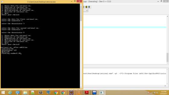 C:\UserstJsca\ Desktop rational.exe σ .cpp-[Executing]-Dev-C++ 5.5.3 1. Enter data for rational no 2. Addition of rational no