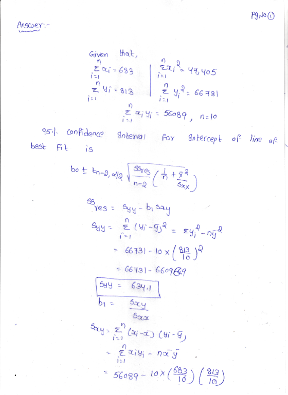 ssrest to? Pg No ① Answer:- Given that, n 2. Exi=683 ial 47, 405 ial n n & Yi=813 4.2.66731 ial n E &; Y; - 56089, 0:10 95% c
