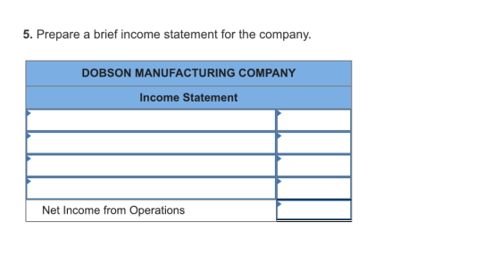 5. Prepare a brief income statement for the company. DOBSON MANUFACTURING COMPANY Income Statement Net Income from Operations