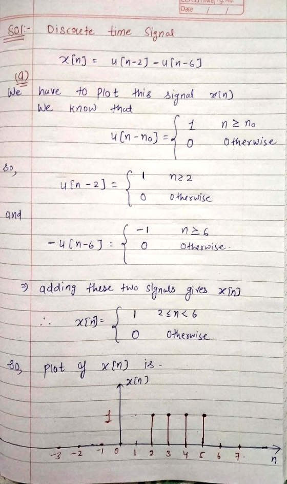 Date / SOL- Discorute time signal ain) xing = un-2] - uin-6] (9) We have to plot this signal We know that 1 u [n-no] = 0 na n