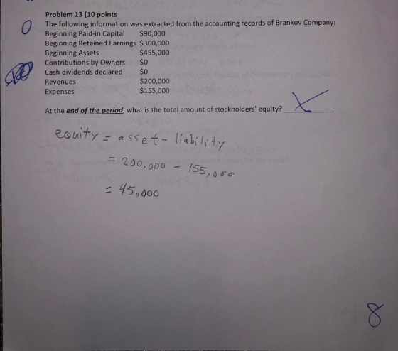 Problem 13 (10 points The following information was extracted from the accounting records of Brankov Company: Beginning Paid-