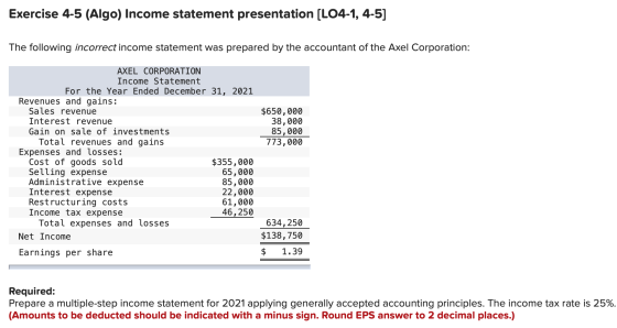 Exercise 4-5 (Algo) Income statement presentation (L04-1, 4-5) The following incorrect income statement was prepared by the a