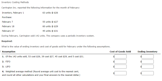 Inventory Costing Methods Carrington Inc. reported the following information for the month of February: Inventory, February 1