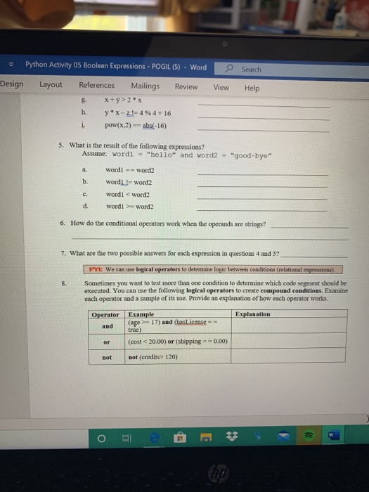 Python Activity 05 Boolean Expressions - POGIL (5) - Word Search Design Layout Review View Help References Mailings g. x+y> 2