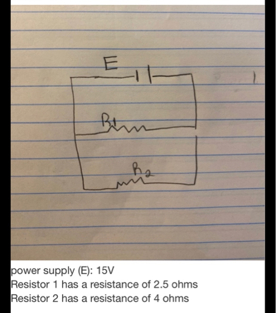 an he power supply (E): 15V Resistor 1 has a resistance of 2.5 ohms Resistor 2 has a resistance of 4 ohms