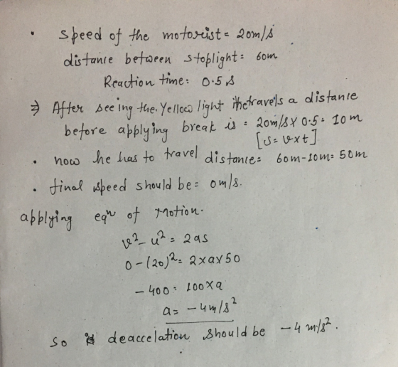 speed of the mofowrist- 2om/A een Stoblight: 6om stante Reaction tine: 0-5 A After seeing tae- Are iny ie Yelleca ligust ihekraefls a dlis fante beore apelyiy brek Lowlky os tom hoto he hus to travel distontes 6o m-tom 50m efore a tine peed shewuld be oum/a applyin eq of Motion -400: 100XQ