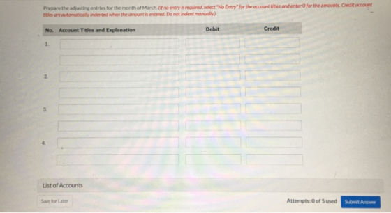 Prepare the adjusting entries for the month of March. (If no entry is required, select No Entry for the account titles and e