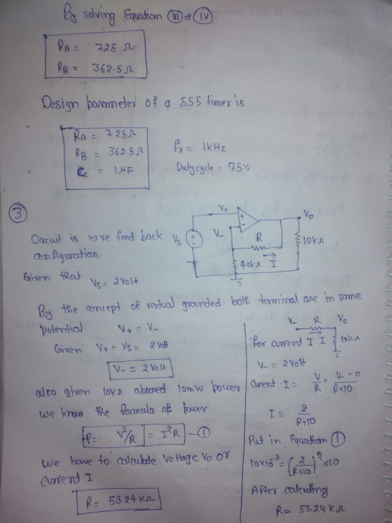 & (11) By solving Equation RA= 725 se RB = 362.52 Design barometer of a 555 timer is RA = 725r RB = 362.55 te - UF fya 1KHz D