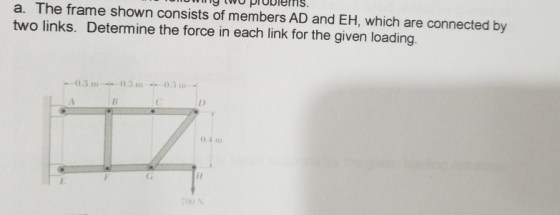 SO PIOblemS a. The frame shown consists of members AD and EH, which are connected by two links. Determine the force in each l