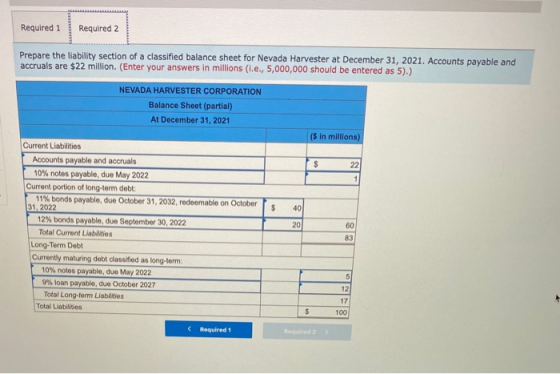Required 1 Required 2 Prepare the liability section of a classified balance sheet for Nevada Harvester at December 31, 2021.