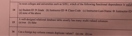 In most colleges and universities such as SJSU, which of the following functional dependence is valid 14 | (a) Student-ID → Grade (b) Instructor-ID → Class-Code (c) Instructor-Last-Name → Instructor-ID (d) none of the above A well-designed relational database table usually has many multi-valued columns: 15 (a) true (b) false 16 Can a foreign key column contain duplicate values? (a) yes (b) no