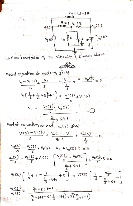 I LS S2 VCS) w 얹s 흐F IF Laplaa tramosm e ta cineit shown above nodal equalion at node- giveg v-Vocs) S S viCS)VoCS) +S94 S 2